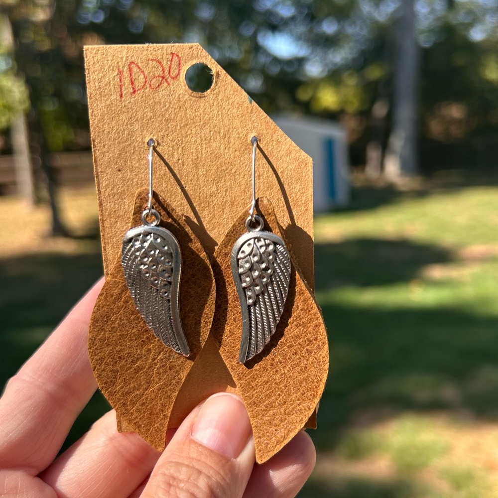 Brown Leather Earrings with Silver Angel Wing Charm